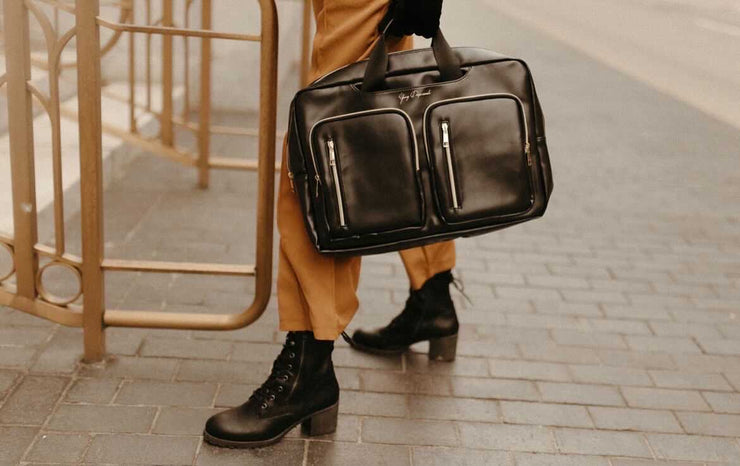  attire with designer briefcase Trendy outfit paired with classic briefcase Luxurious black leather gear for professionals Business casual look with statement briefcase Versatile and stylish professional bag Sleek design briefcase in Mimalist Career Backpack Innovative 